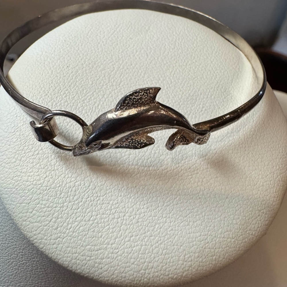 Dolphin Silver-Tone Bangle Bracelet vintage Sterling 925 hook clasp